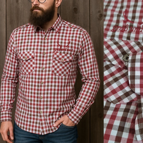 Men’s Red White Check German Grob Und Wild (Rough and Wild)  Shirt - Picture 1 of 15